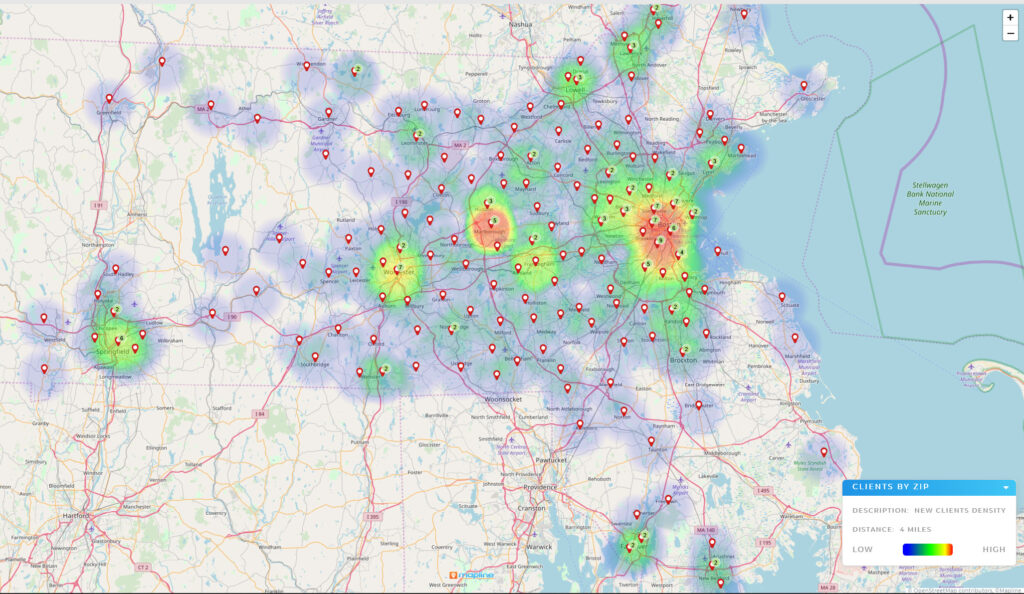 Heat-map of client location from 2017-2021.